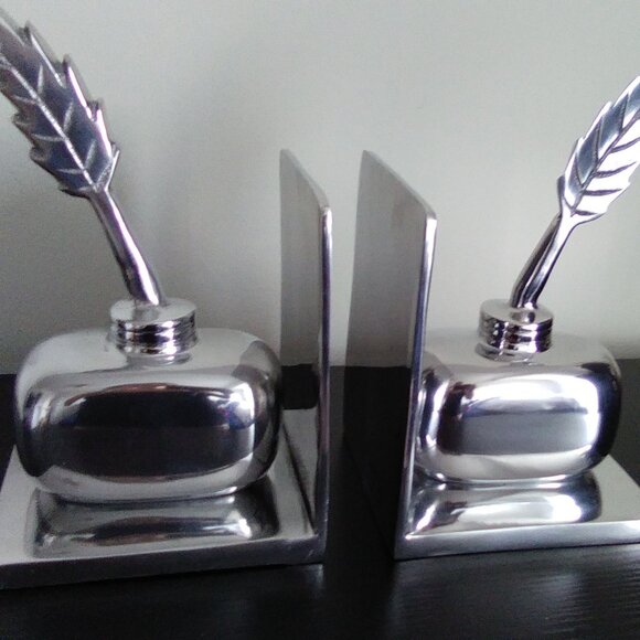 Pewter Feather Pen & Ink Bottle Bookends - Picture 5 of 9